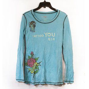 Vintage Vigoss Blue Long Sleeve Tattoo You Graphic Tiger Rose T Shirt, Size S